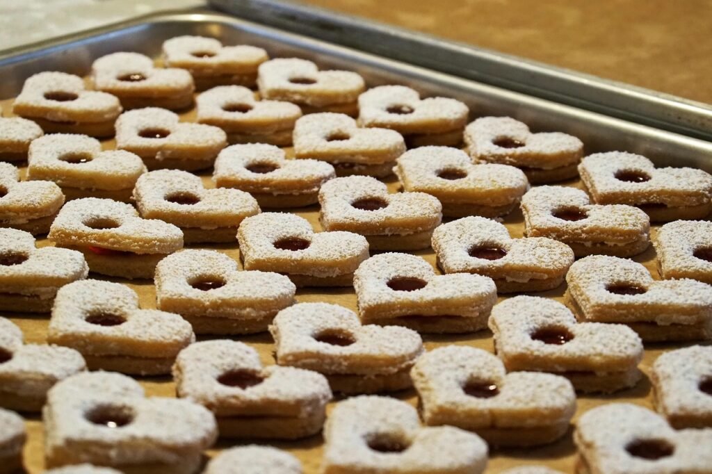 christmas, bakery, cookie, pastries, sheet, hearts, cute, christmas baking, to bake